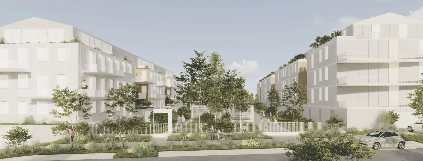 Perspective du projet de la Cité du Bel Air : jardin planté entre des immeubles de logements