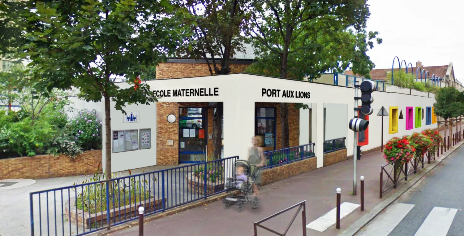 Façade de l'école maternelle Port aux Lions, bordée d'arbres et d'une rue