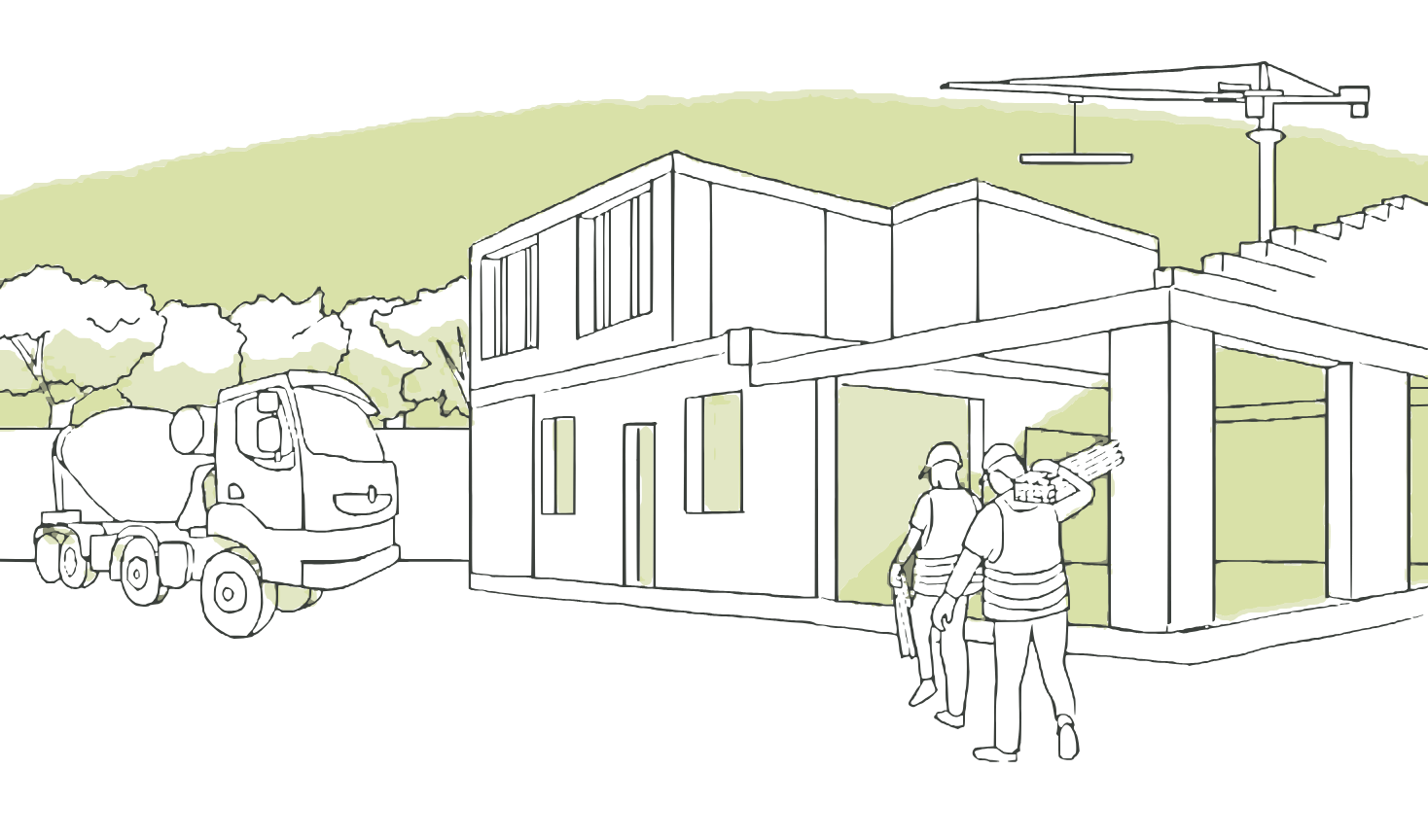 Dessin d'un chantier de construction avec une bétonnière et deux ouvriers
